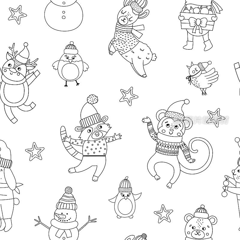 Vector seamless pattern with black and white Christmas characters. Repeating background with Santa Claus, funny animals, snowman. Cute winter digital paper for decorations or new year design.